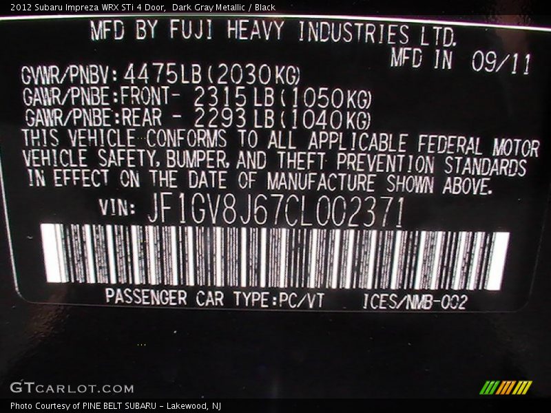 Dark Gray Metallic / Black 2012 Subaru Impreza WRX STi 4 Door