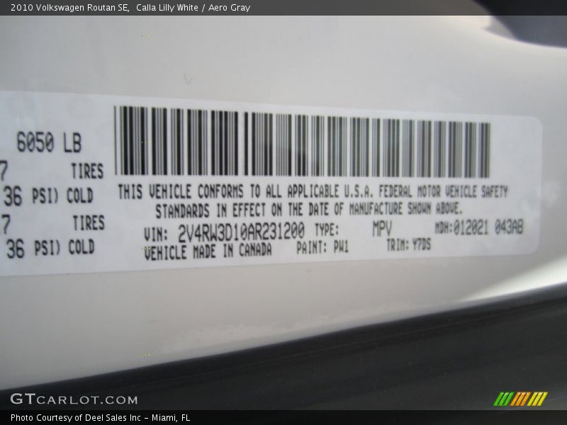 Calla Lilly White / Aero Gray 2010 Volkswagen Routan SE