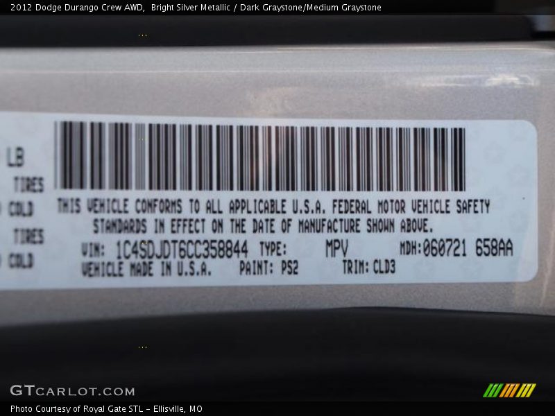 Bright Silver Metallic / Dark Graystone/Medium Graystone 2012 Dodge Durango Crew AWD
