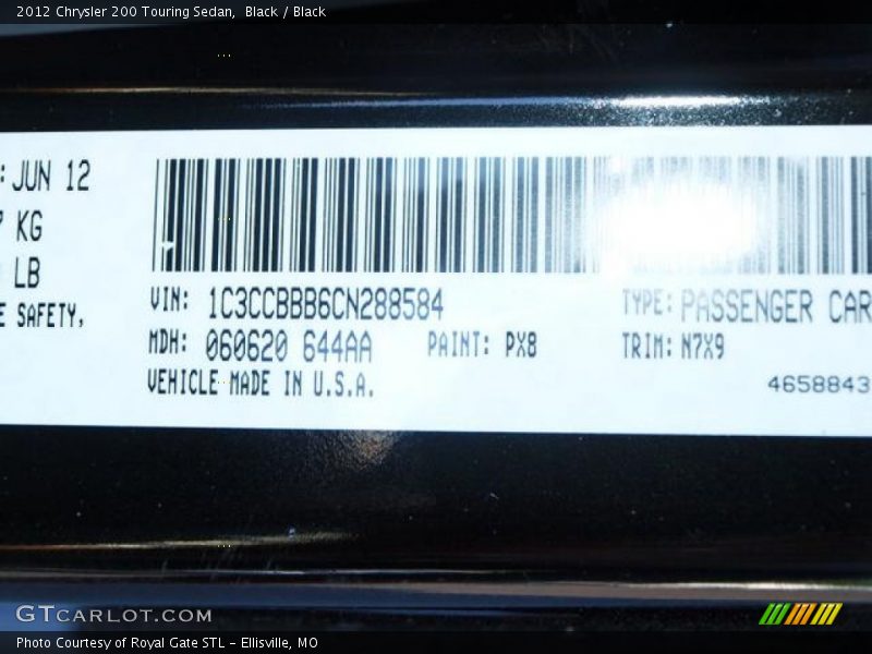 Black / Black 2012 Chrysler 200 Touring Sedan