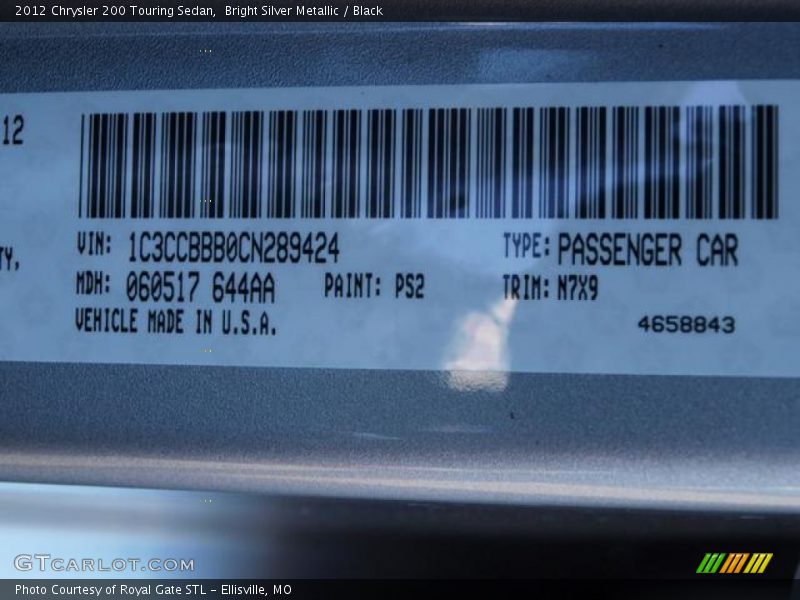 Bright Silver Metallic / Black 2012 Chrysler 200 Touring Sedan
