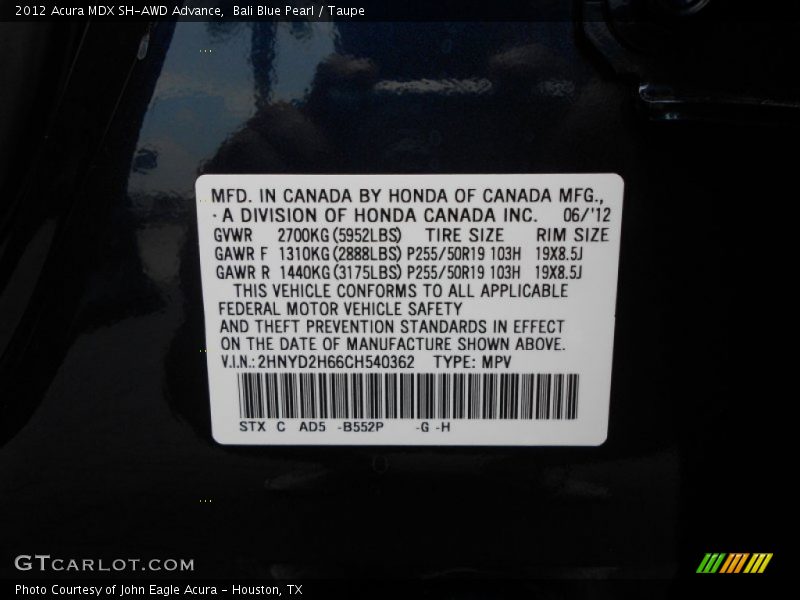 2012 MDX SH-AWD Advance Bali Blue Pearl Color Code B552P