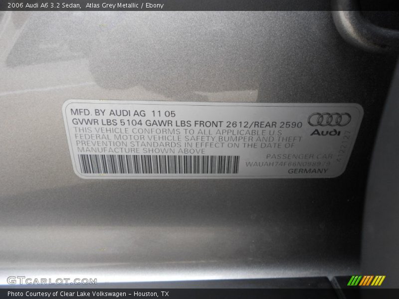 Atlas Grey Metallic / Ebony 2006 Audi A6 3.2 Sedan