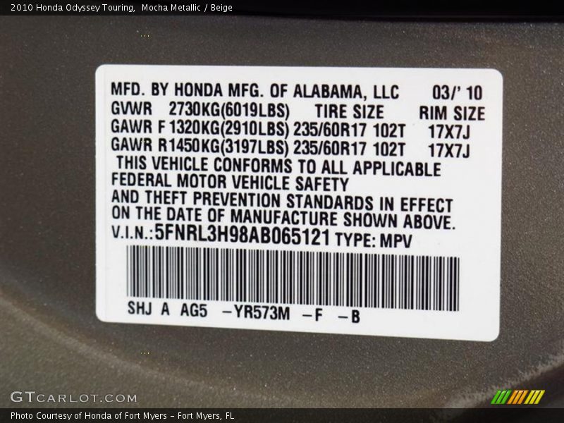 Mocha Metallic / Beige 2010 Honda Odyssey Touring