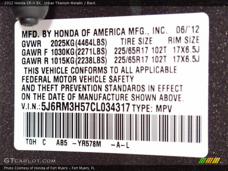 2012 CR-V EX Urban Titanium Metallic Color Code YR578M