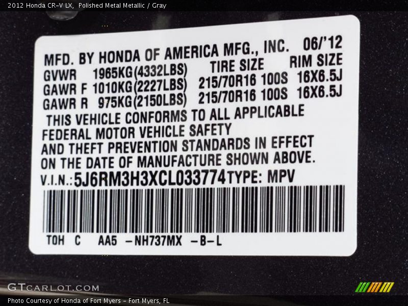 Polished Metal Metallic / Gray 2012 Honda CR-V LX