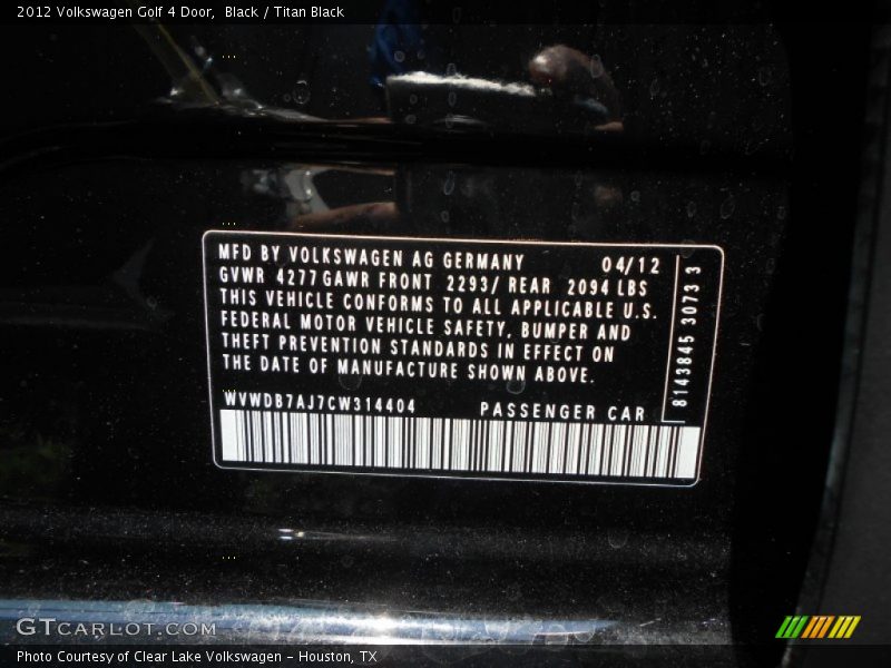 Black / Titan Black 2012 Volkswagen Golf 4 Door