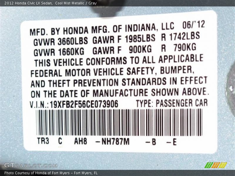 Cool Mist Metallic / Gray 2012 Honda Civic LX Sedan