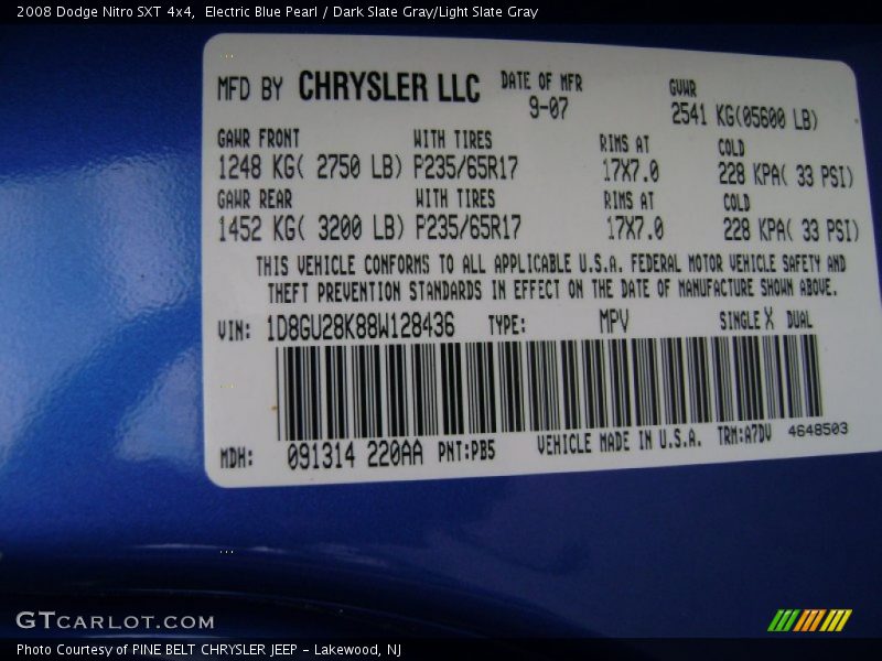 Electric Blue Pearl / Dark Slate Gray/Light Slate Gray 2008 Dodge Nitro SXT 4x4