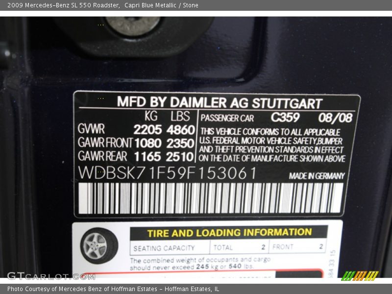 Capri Blue Metallic / Stone 2009 Mercedes-Benz SL 550 Roadster