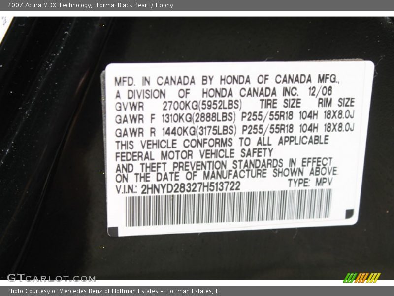 Formal Black Pearl / Ebony 2007 Acura MDX Technology