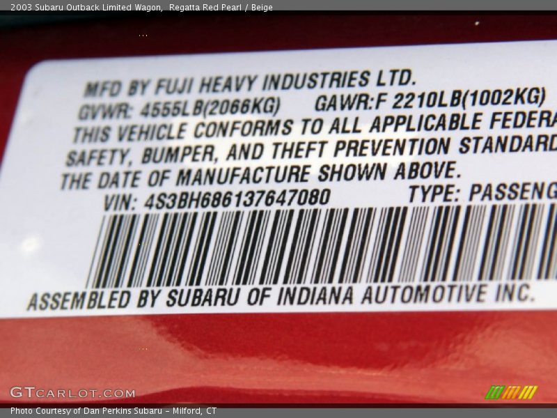 Regatta Red Pearl / Beige 2003 Subaru Outback Limited Wagon