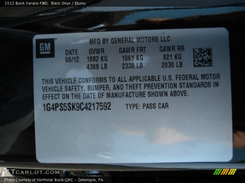 Black Onyx / Ebony 2012 Buick Verano FWD
