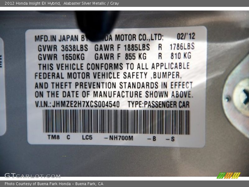 Alabaster Silver Metallic / Gray 2012 Honda Insight EX Hybrid