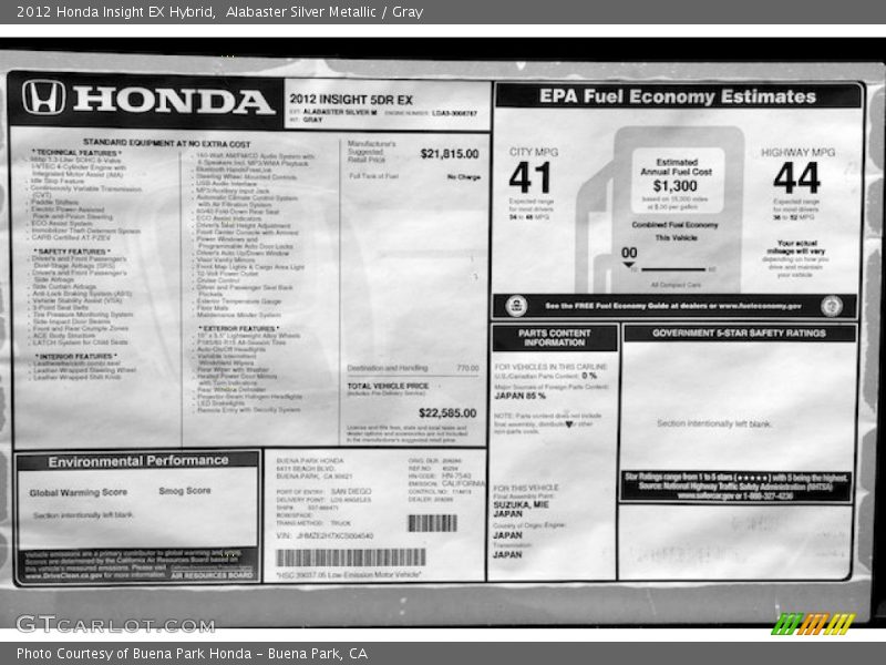 Alabaster Silver Metallic / Gray 2012 Honda Insight EX Hybrid