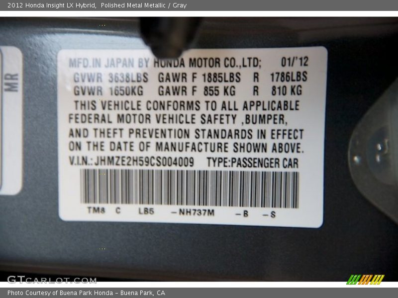 2012 Insight LX Hybrid Polished Metal Metallic Color Code NH737M