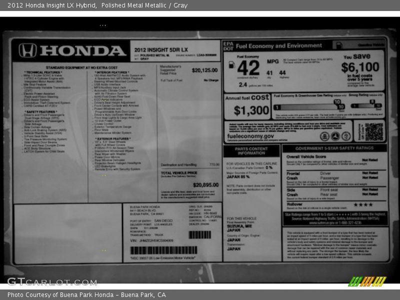  2012 Insight LX Hybrid Window Sticker