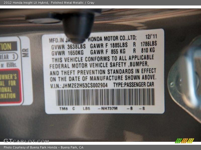 Polished Metal Metallic / Gray 2012 Honda Insight LX Hybrid