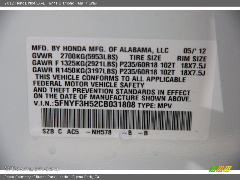 White Diamond Pearl / Gray 2012 Honda Pilot EX-L