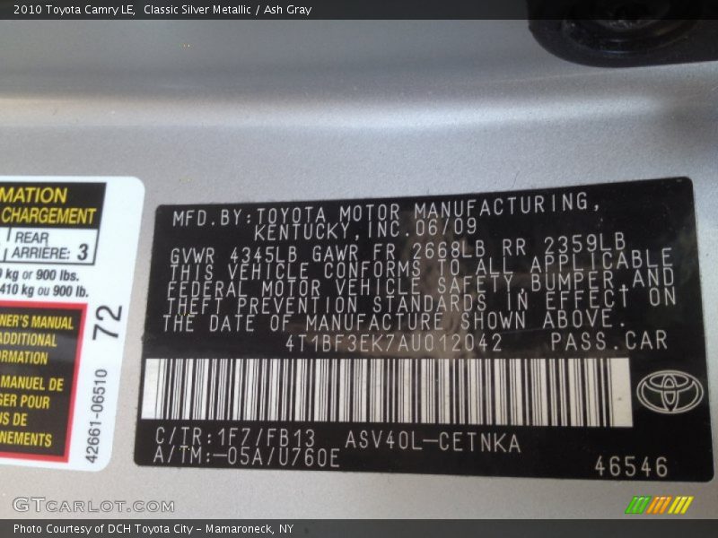 Classic Silver Metallic / Ash Gray 2010 Toyota Camry LE