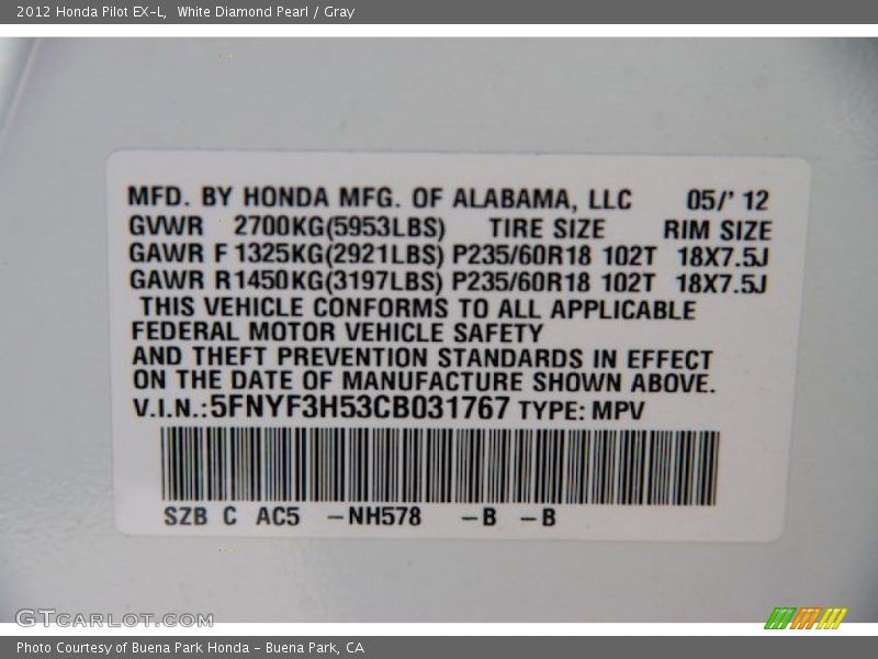 White Diamond Pearl / Gray 2012 Honda Pilot EX-L