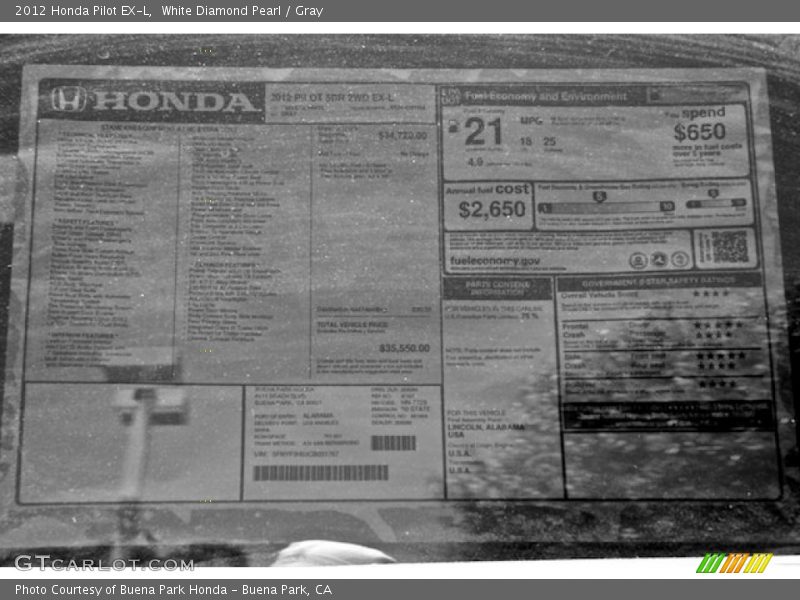 White Diamond Pearl / Gray 2012 Honda Pilot EX-L
