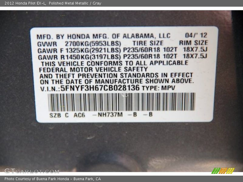 Polished Metal Metallic / Gray 2012 Honda Pilot EX-L