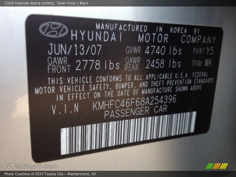 Silver Frost / Black 2008 Hyundai Azera Limited