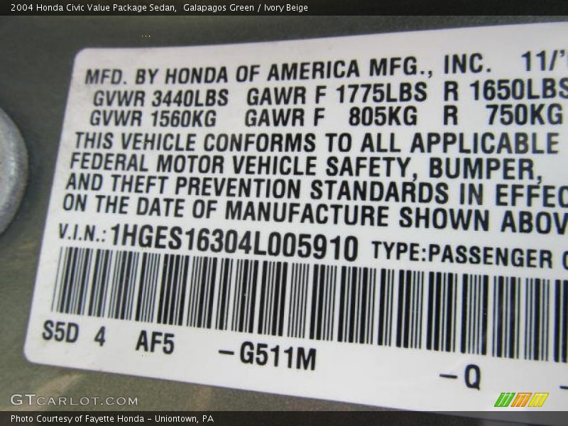 Galapagos Green / Ivory Beige 2004 Honda Civic Value Package Sedan