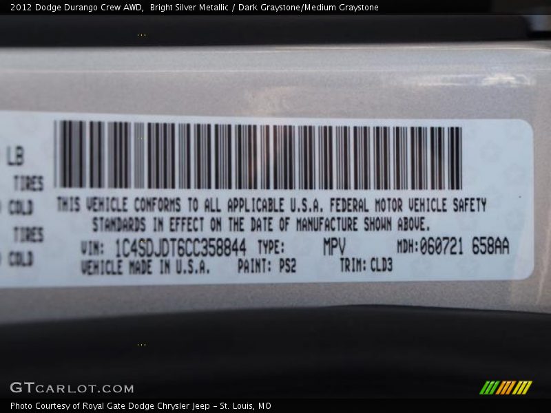 2012 Durango Crew AWD Bright Silver Metallic Color Code PS2