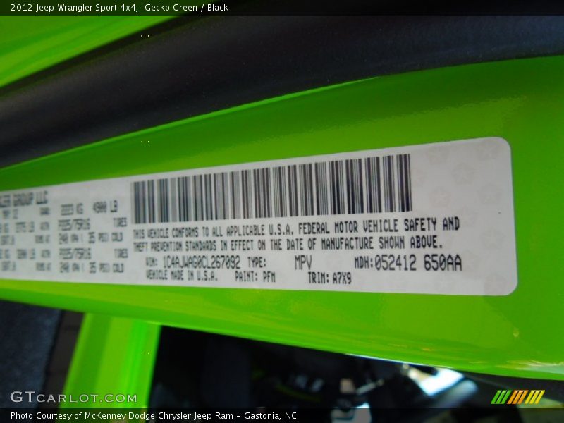 2012 Wrangler Sport 4x4 Gecko Green Color Code PFM