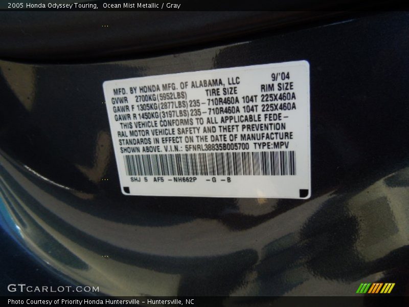 Ocean Mist Metallic / Gray 2005 Honda Odyssey Touring