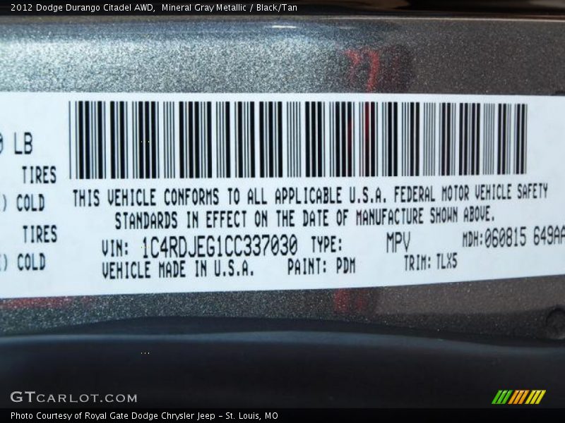 2012 Durango Citadel AWD Mineral Gray Metallic Color Code PDM