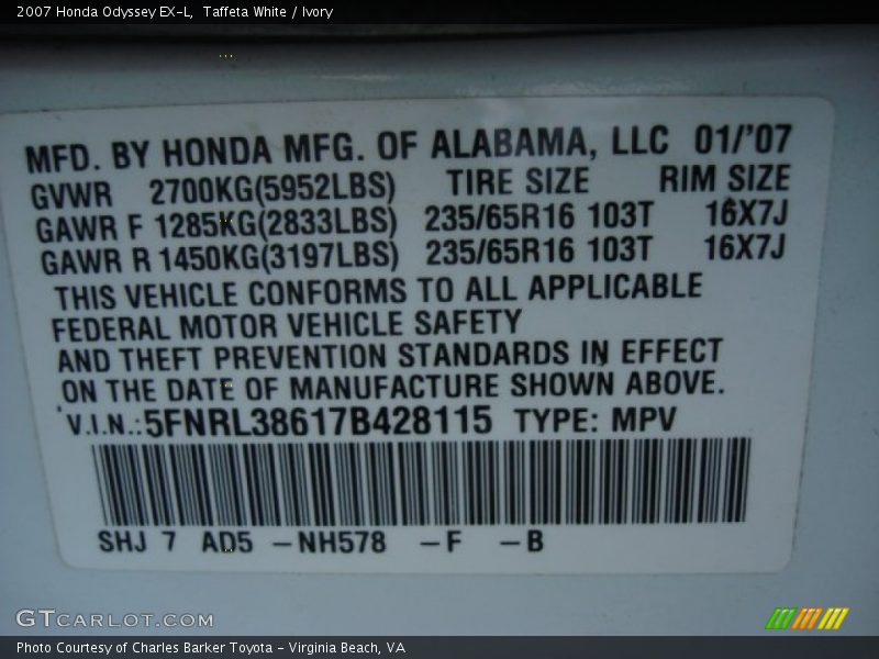 Taffeta White / Ivory 2007 Honda Odyssey EX-L