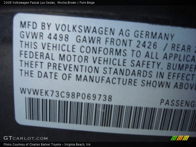 Mocha Brown / Pure Beige 2008 Volkswagen Passat Lux Sedan