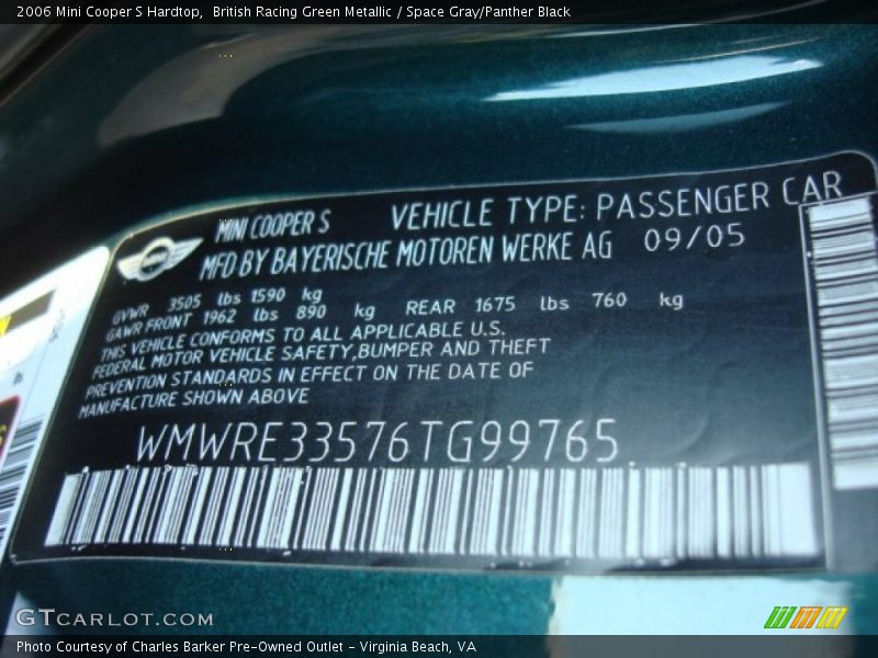 British Racing Green Metallic / Space Gray/Panther Black 2006 Mini Cooper S Hardtop