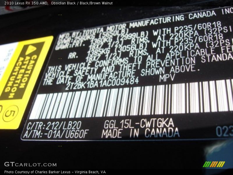 Obsidian Black / Black/Brown Walnut 2010 Lexus RX 350 AWD