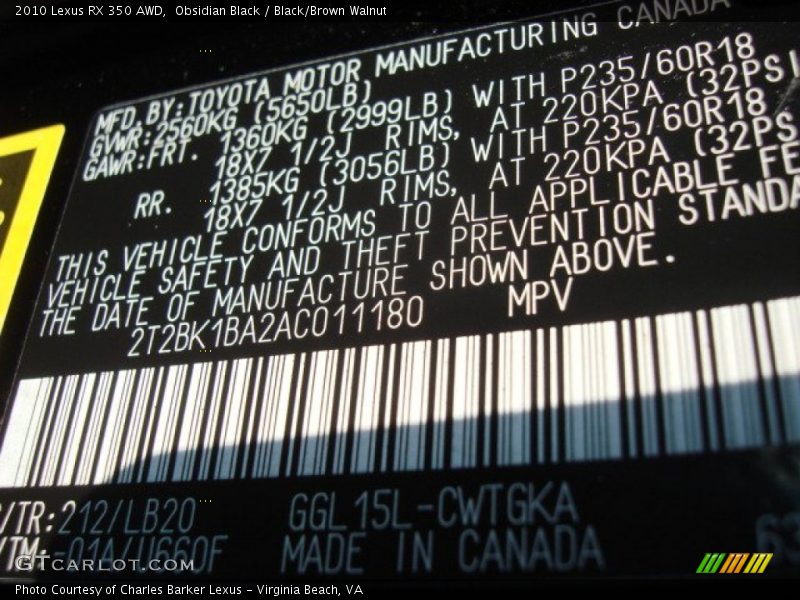 Obsidian Black / Black/Brown Walnut 2010 Lexus RX 350 AWD