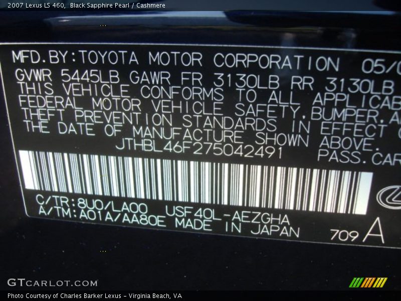 2007 LS 460 Black Sapphire Pearl Color Code 8U0
