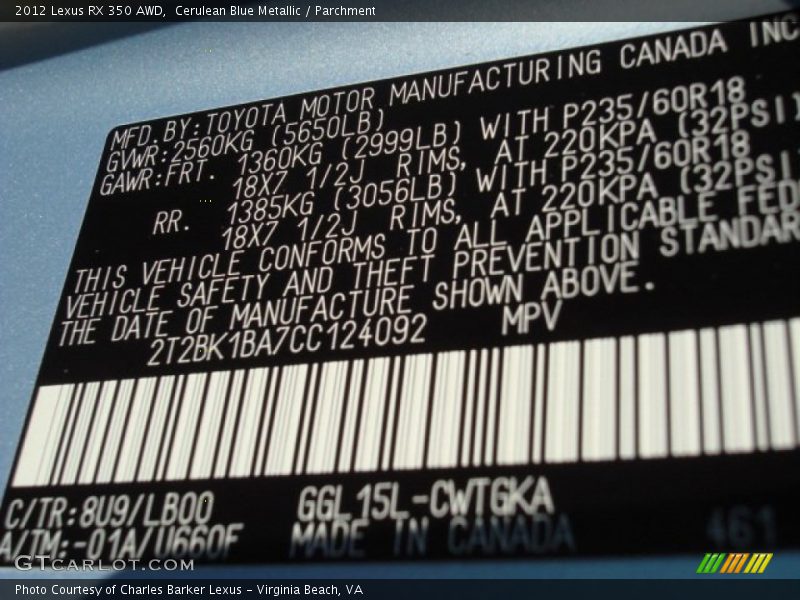 2012 RX 350 AWD Cerulean Blue Metallic Color Code 8U9