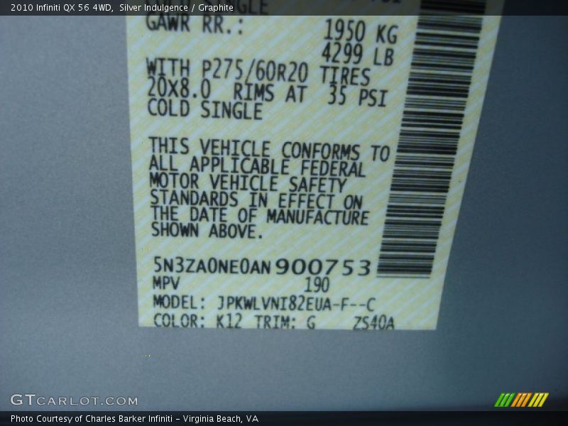 Silver Indulgence / Graphite 2010 Infiniti QX 56 4WD