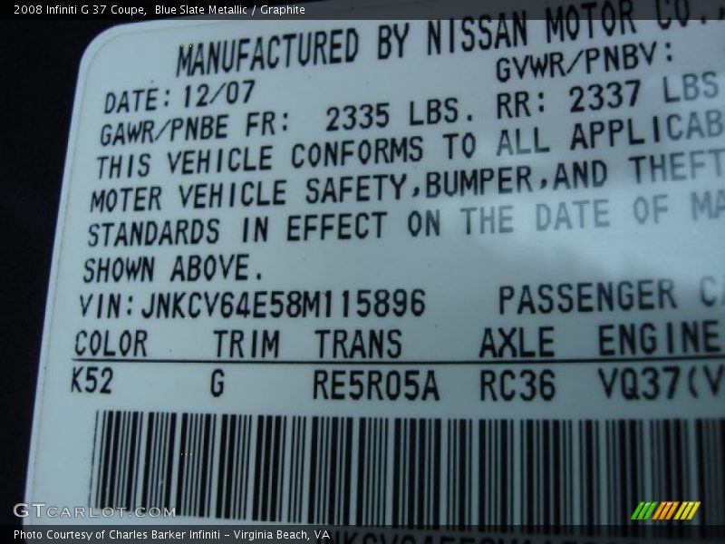 Blue Slate Metallic / Graphite 2008 Infiniti G 37 Coupe