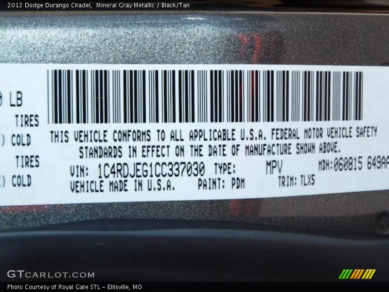 Mineral Gray Metallic / Black/Tan 2012 Dodge Durango Citadel