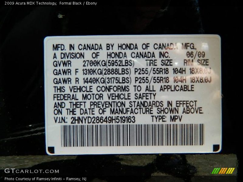 Formal Black / Ebony 2009 Acura MDX Technology