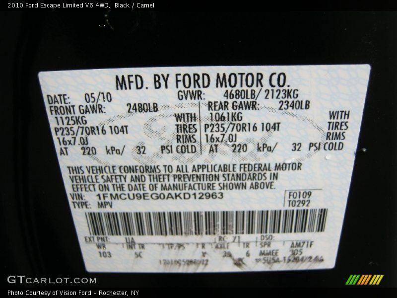 Black / Camel 2010 Ford Escape Limited V6 4WD
