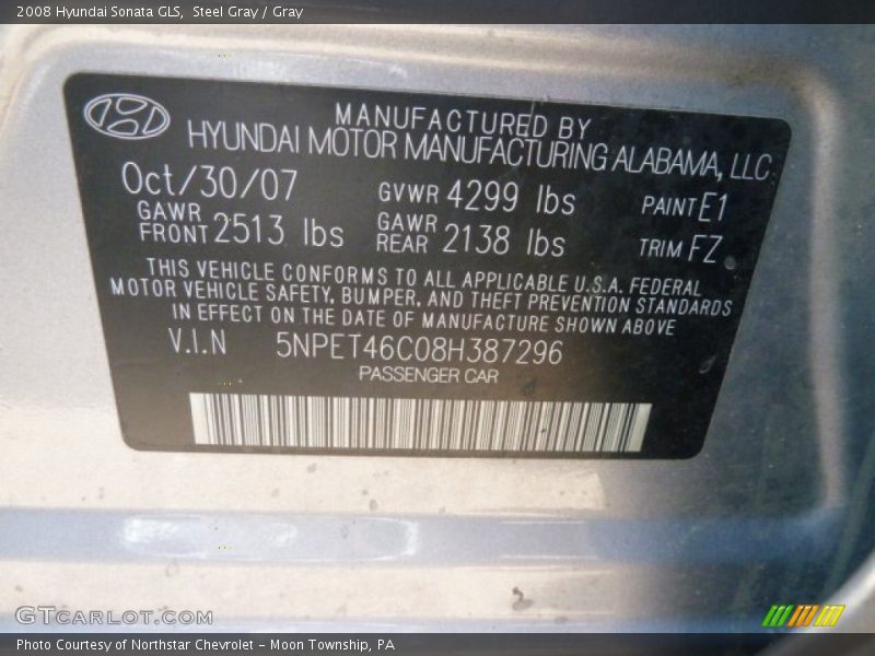 Steel Gray / Gray 2008 Hyundai Sonata GLS