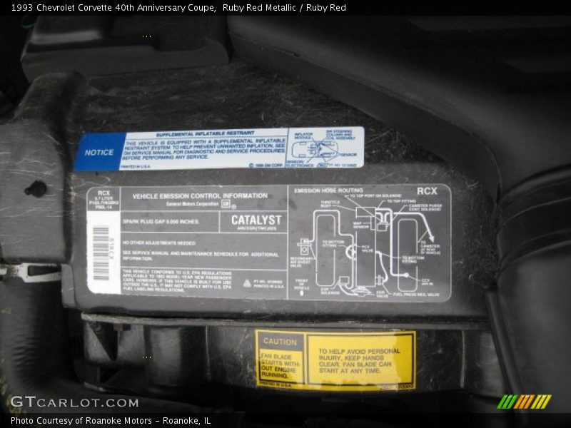 Info Tag of 1993 Corvette 40th Anniversary Coupe