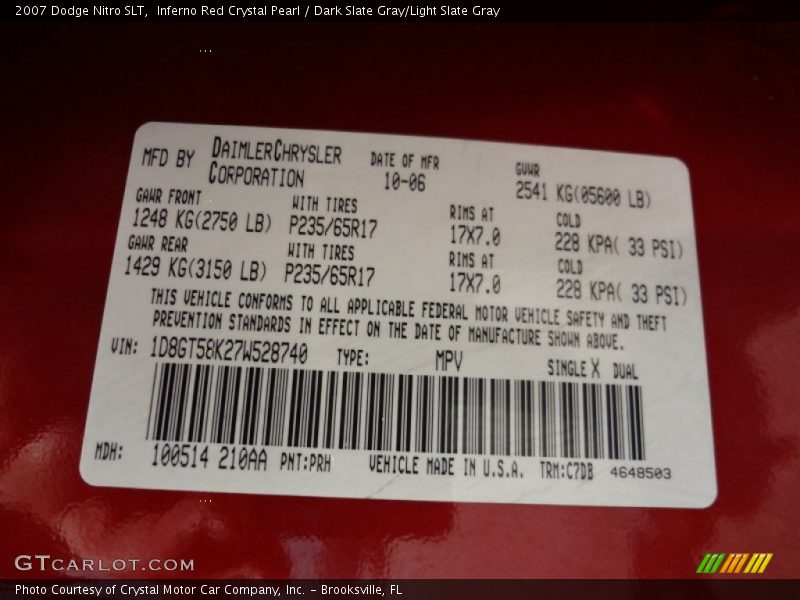 Inferno Red Crystal Pearl / Dark Slate Gray/Light Slate Gray 2007 Dodge Nitro SLT