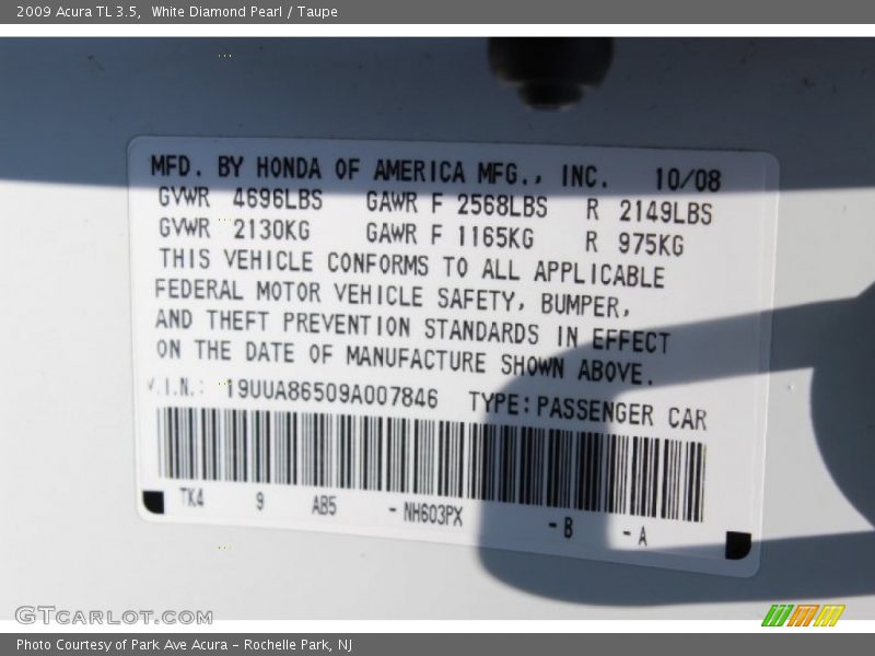 White Diamond Pearl / Taupe 2009 Acura TL 3.5