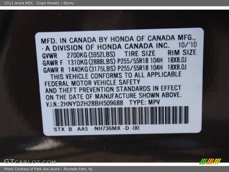 Grigio Metallic / Ebony 2011 Acura MDX
